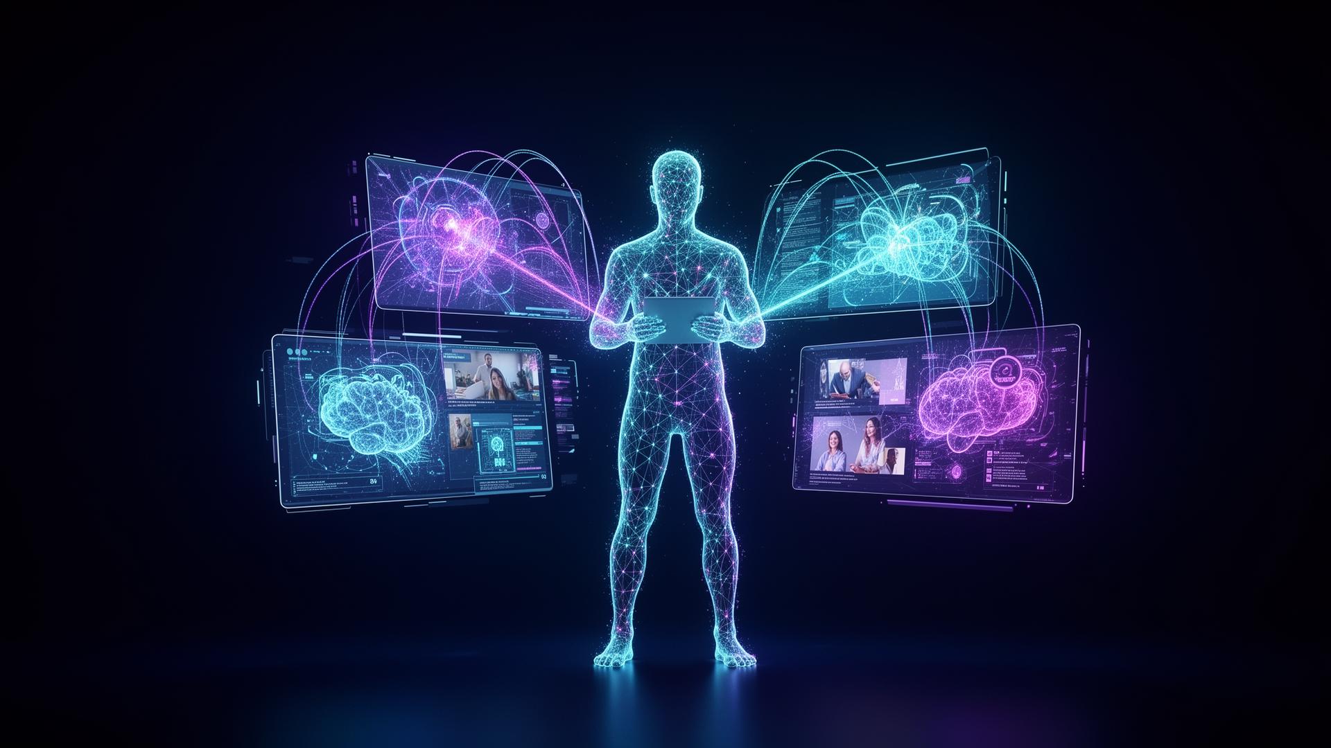 Futuristic AI creator surrounded by generative media screens